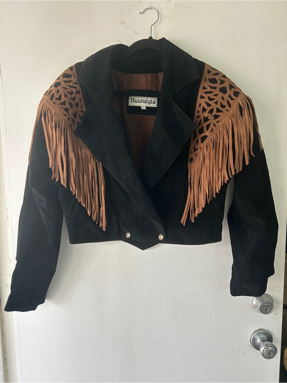 Nostalgia Black Suede Cropped Jacket with Brown Fringe & Laser-Cut Yoke